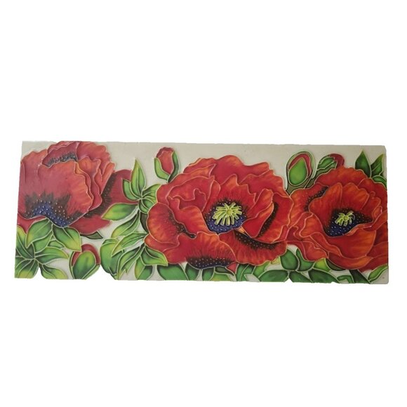 Poppy Wall Art Tile Hand Painted Ceramic 15.75” X 6” Raised - Picture 7 of 8